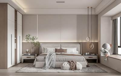 现代卧室 双人床床头柜组合 小吊灯 床尾凳 玻璃门衣柜 暴力熊